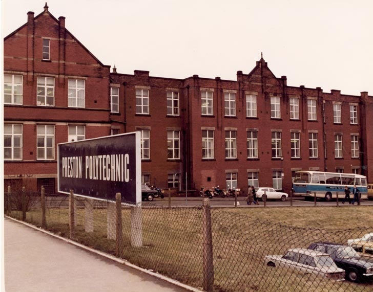 View of Harris Building in 1970s with Preston Polytechnic sign in front